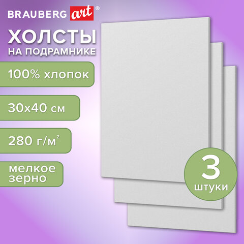 Холсты на подрамнике, набор 3 штуки, BRAUBERG ART BASIC, 30×40 см, 280 г/м2, хлопок, грунт