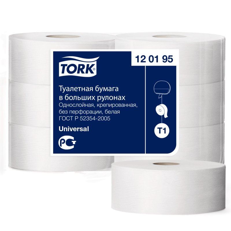 Бумага туалетная в рулонах Tork Universal T1 1-слойная 6 рулонов по 525 метров (артикул производителя 120195)
