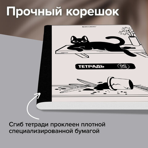 Тетрадь А5 96 л. BRAUBERG, на сшивке с корешком, клетка, обложка картон, «Кот-Непоседа»