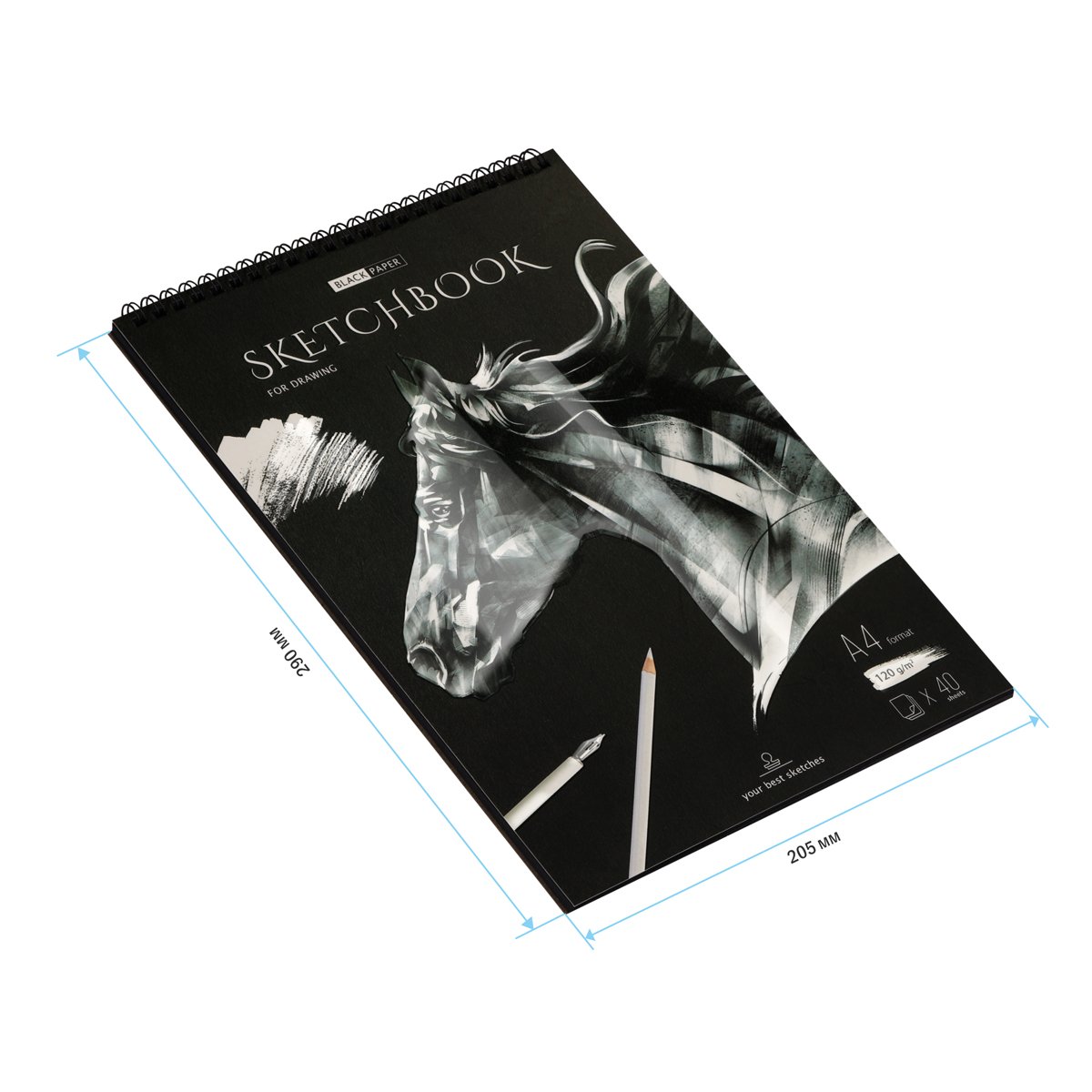 Скетчбук 40л., А4 ArtSpace «Black line. Horse», на гребне, 120г/м2, черный блок