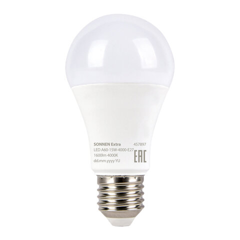 Лампа светодиодная SONNEN EXTRA, 15 (130) Вт, Е27, груша, нейтральный белый, 30000 ч, LED A60-15W-4000-Е27