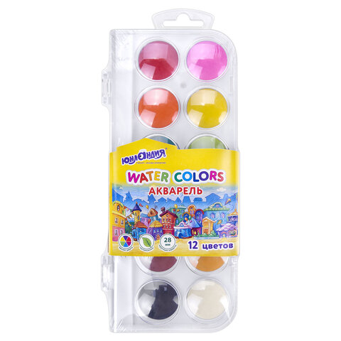Краски акварельные ЮНЛАНДИЯ «ДОМИКИ», 12 цветов, круглые кюветы 28 мм, пенал