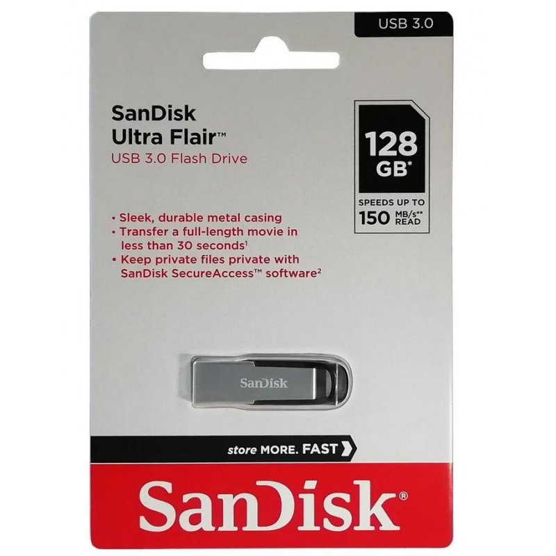 Флэш-диск 128 GB, SANDISK Ultra Flair, USB 3.0, металлический корпус, серебристый