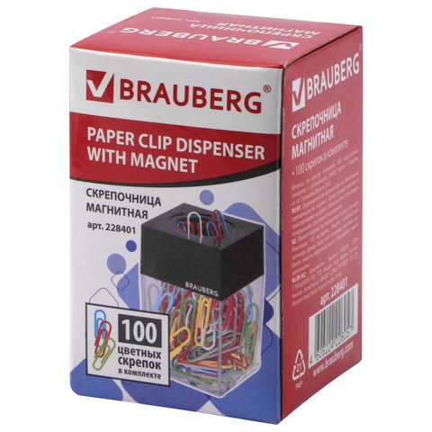 Скрепочница магнитная BRAUBERG, 100 цветных скрепок 28 мм, прозрачный корпус, черная крышка