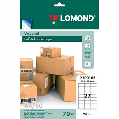 Этикетка самоклеящаяся LOMOND на листе формата А4, 27 этикеток, размер 70×32 мм, белая, 50 л. 
