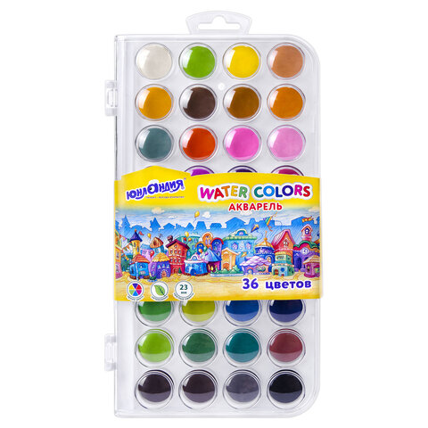 превью Краски акварельные ЮНЛАНДИЯ «ДОМИКИ», 36 цветов, круглые кюветы 23 мм, пенал