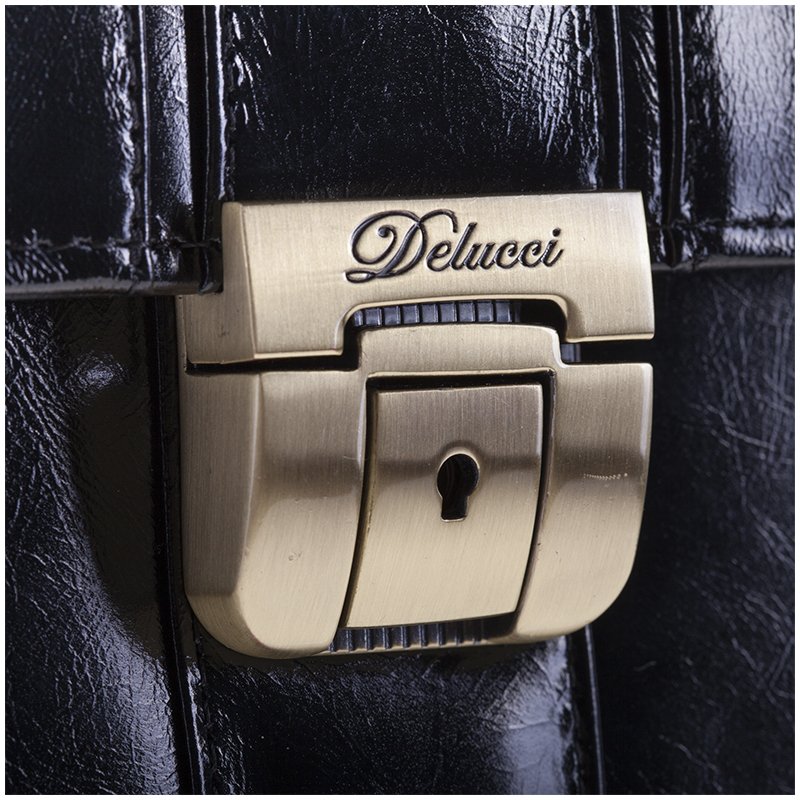 Портфель Delucci «Гиперион» кожа, черный, 2 отделения, метал. замок, с ремнем