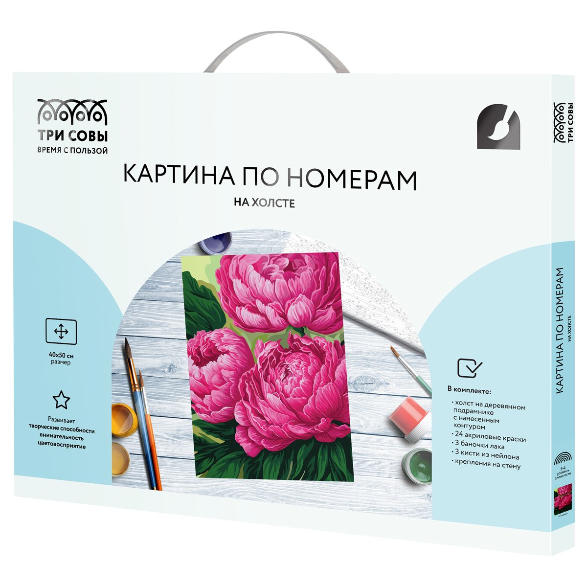 Картина по номерам на холсте ТРИ СОВЫ «Пионы», 40×50, с акриловыми красками и кистями