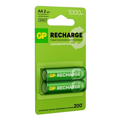 Батарейки аккумуляторные GP ReCharge Ni-Mh пальчиковые КОМПЛЕКТ 2 шт., АА (HR6) 1000 mAh, 100AAHCV