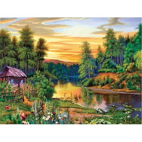 Картина стразами (алмазная мозаика) 40×50 см, ОСТРОВ СОКРОВИЩ «Домик в лесу», без подрамника