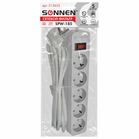 Сетевой фильтр SONNEN SPW-1855 розеток с заземлениемвыключатель10 А1.8 мбелый513653