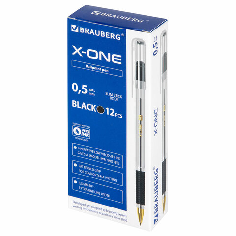 Ручка шариковая с грипом BRAUBERG «X-ONE», ЧЕРНАЯ, корпус прозрачный, узел 0.5 мм, линия письма 0.35 мм