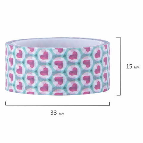Клейкие WASHI-ленты для декора «СЕРДЦА», 15 мм х 3 м, 7 цветов, рисовая бумага, ОСТРОВ СОКРОВИЩ, 661708