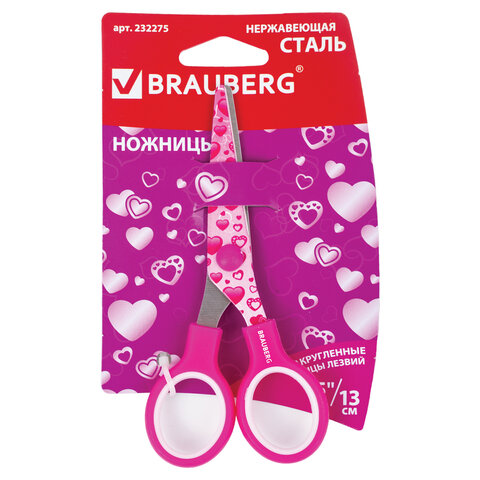 Ножницы BRAUBERG, 130 мм, с цветной печатью сердечек, малиновые, в картонной упаковке с европодвесом