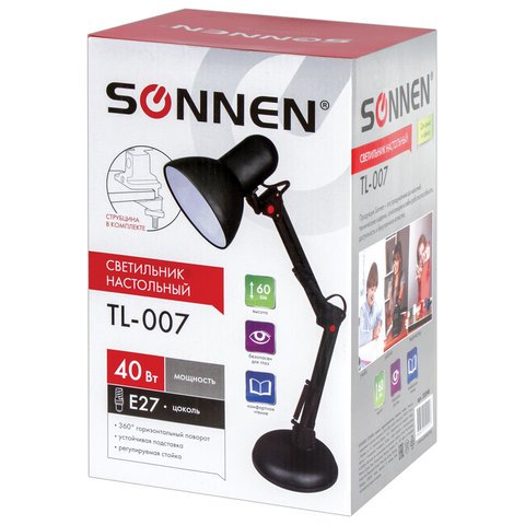 Светильник настольный SONNEN TLl-007, на подставке+струбцина, 40 Вт, Е27, черный, высота 60 см