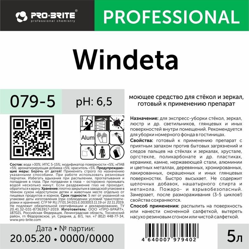 Средство для мытья зеркал и стекол Pro-Brite Windeta 1 л (готовое к применению средство)