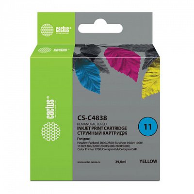 Картридж струйный CACTUS совместимый (C4838A) DesignJet 70/100/110/120, №11, желтый, 29 мл