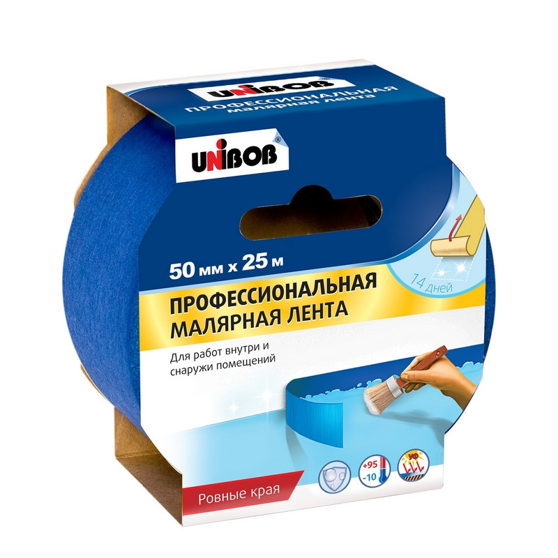 превью Клейкая лента малярная для наружных работ Unibob синяя 50 мм x 25 м (профессиональная)