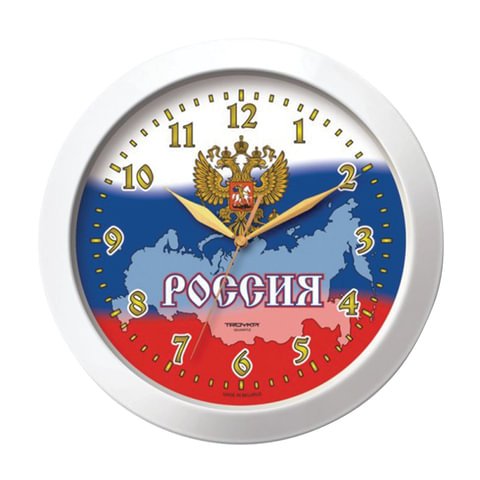 превью Часы настенные TROYKA 11110191, круг, белые с рисунком «Россия», белая рамка, 29×29×3.5 см