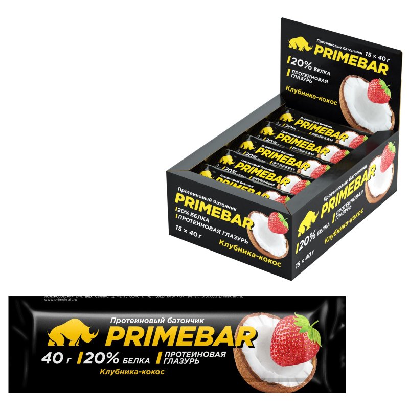 превью Батончик протеиновый PRIMEBAR со вкусом клубники и кокоса, 40г, 15шт/уп