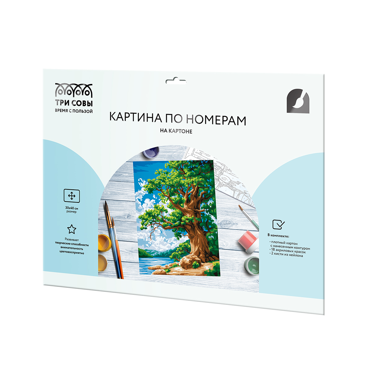 Картина по номерам на картоне ТРИ СОВЫ «Дуб у озера», 30×40, с акриловыми красками и кистями
