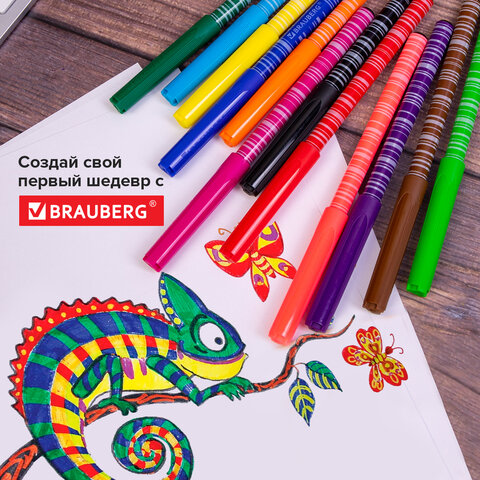 Фломастеры BRAUBERG «PREMIUM»12 цветовКОРПУС С ПЕЧАТЬЮвентилируемый колпачокПВХ-упаковка с европодвесом151942