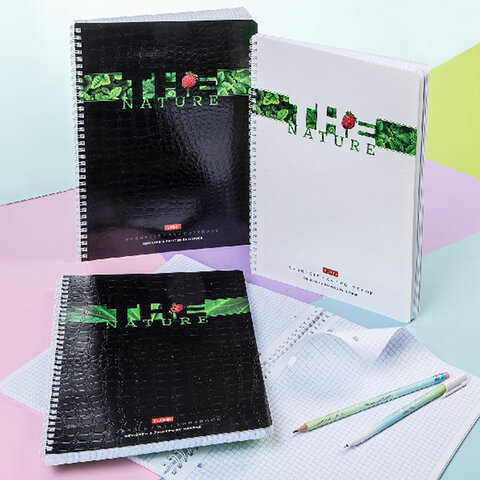 Тетрадь А4, 96 л., HATBER гребень, клетка, тиснение CROCO, «Nature» (4 вида в спайке)
