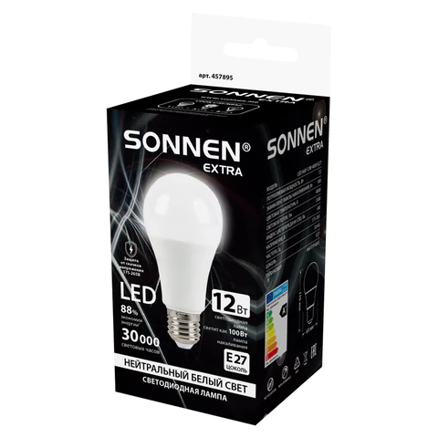 Лампа светодиодная SONNEN EXTRA, 12 (100) Вт, Е27, груша, нейтральный белый, 30000 ч, LED A60-12W-4000-Е27