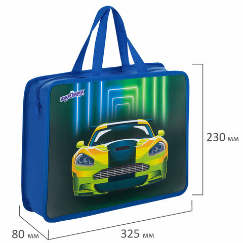 Папка на молнии с ручками ЮНЛАНДИЯ А4, 1 отделение, пластик, 80 мм, «Neon car»
