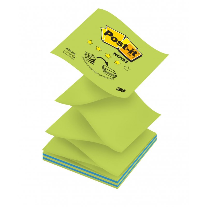 Стикеры Z-сложения Post-it 76×76 мм неоновые 2 цвета зеленые/синие для диспенсера (2 блока по 50 листов)