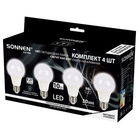 Лампа светодиодная SONNEN EXTRA, 10 (85) Вт, КОМПЛЕКТ 4 шт., Е27, нейтральный белый, 30000 ч, LED A60-10W-4000-Е27
