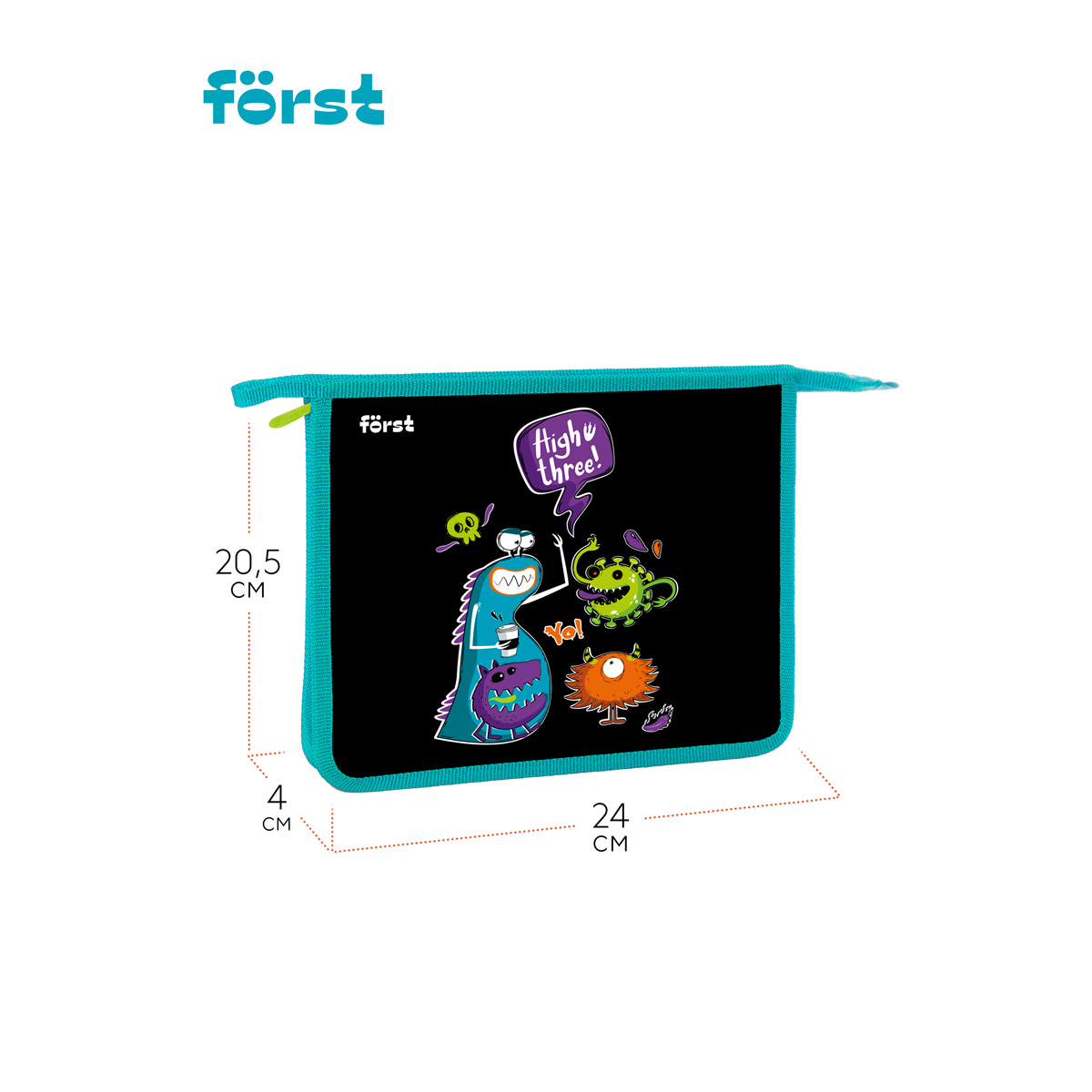 Папка для тетрадей 1 отделение, А5, Först «Monster party», 240×205×40мм, пластик, на молнии