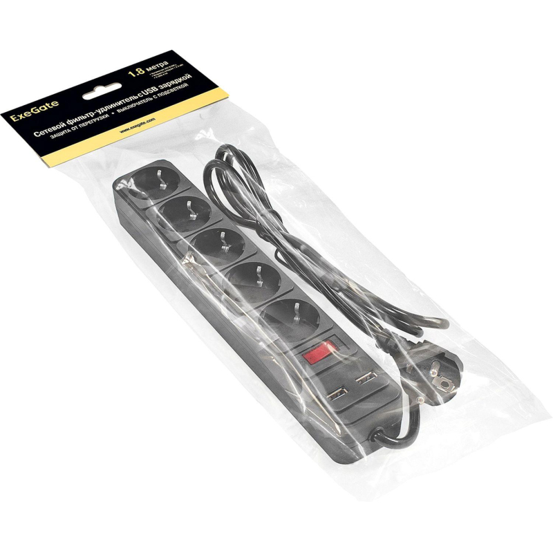 Сетевой фильтр ExeGate SP-5-USB-1.8B 5р/1.8м, 2 USB, черный(EX295490RUS)