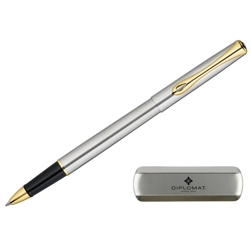 превью Роллер Diplomat Traveller stainless steel gold цвет чернил синий цвет корпуса серебристый (артикул производителя D20000651)