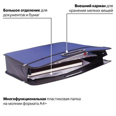 Сумка пластиковая BRAUBERG, А4+, 390×315×70 мм, на молнии, внешний карман, фактура бисер, синяя