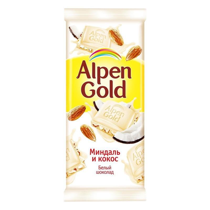 Шоколад Alpen Gold белый с миндалем и кокосовой стружкой 85 г