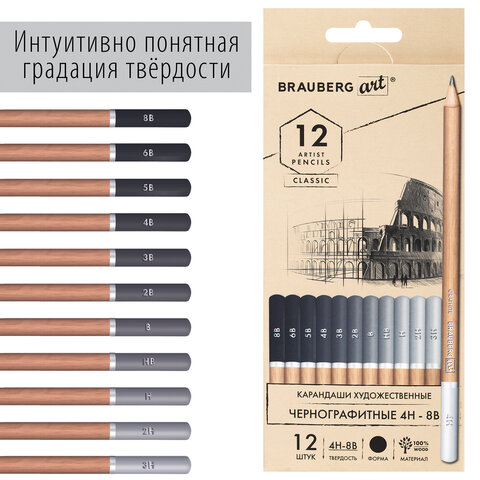 Карандаши художественные чернографитные 4H-8BНАБОР 12 штукBRAUBERG ART «CLASSIC»181542