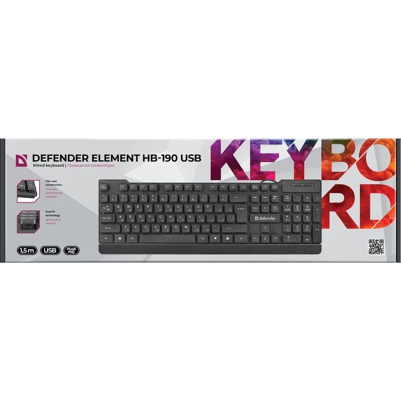 Клавиатура Defender Element HB-190 USB RU, черный, полноразмерная, проводная