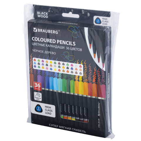 Карандаши цветные чёрное дерево BRAUBERG BLACK WOOD, 36 цветов, мягкий грифель 3 мм