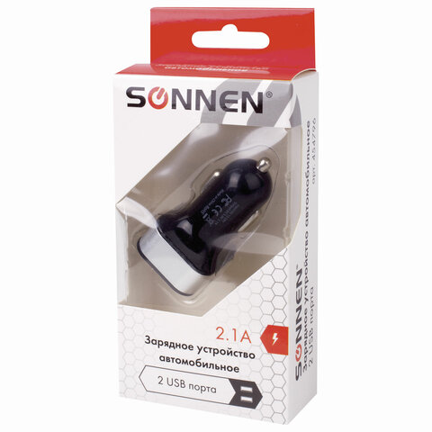 Зарядное устройство автомобильное SONNEN, 2 порта USB, выходной ток 2.1 А, черное-белое, 454796