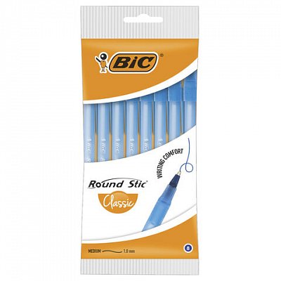 Ручки шариковые BIC «Round Stic», НАБОР 8 шт., СИНИЕ, узел 1 мм, линия письма 0.32 мм, пакет