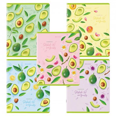 Тетради КОМПЛЕКТ 5 шт., А5, 96 л., BRAUBERG, скоба, клетка, глянцевый лак, «Авокадо»