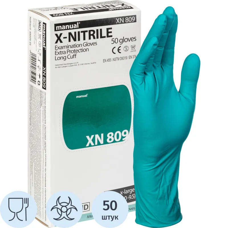 Перчатки медицинские смотровые Manual XN 809 нитриловые неопудренные удлиненные зеленые (размер XL, 50 штук/25 пар в упаковке)