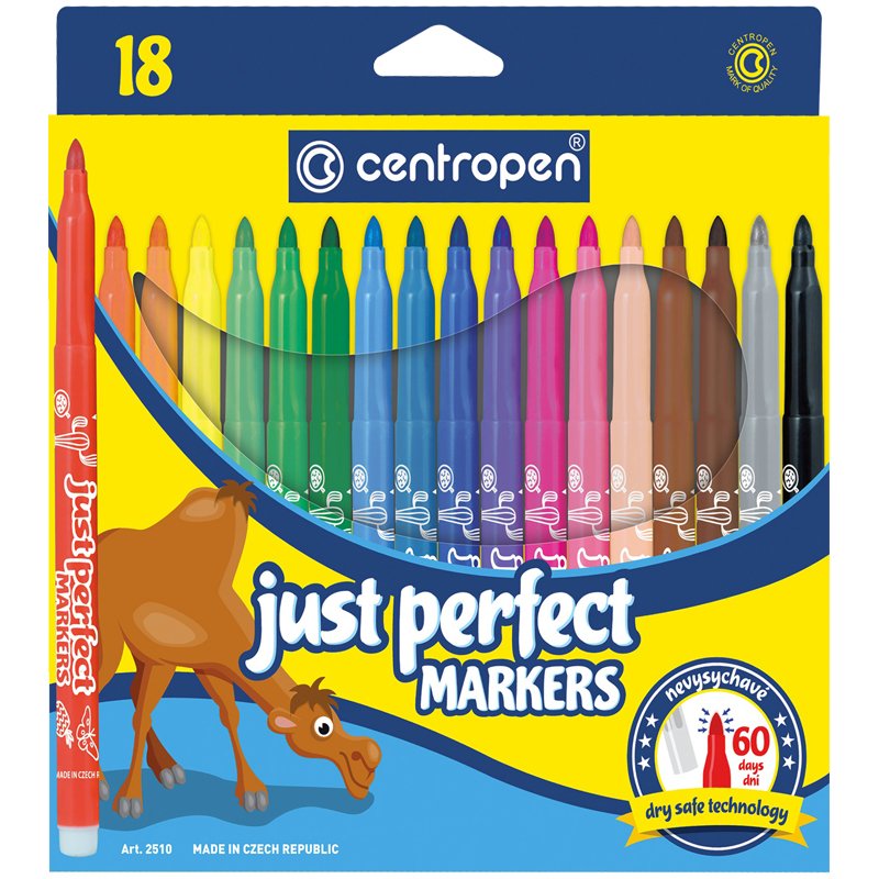 Фломастеры Centropen «Just Perfect», 18цв., трехгранные, смываемые, устойч. к высыханию, картон, евр