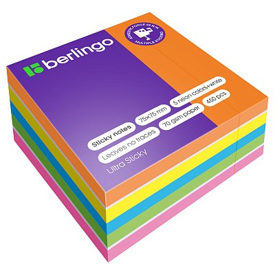 Самоклеящийся блок Berlingo «Ultra Sticky», 75×75мм, 450л, 5 неоновых цветов + 1 белый