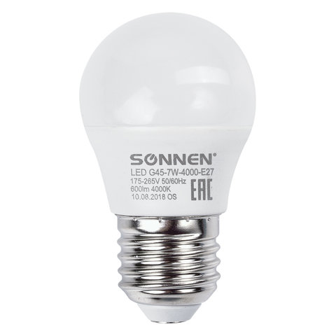 Лампа светодиодная SONNEN, 7 (60) Вт, цоколь E27, шар, холодный белый свет, LED G45-7W-4000-E27