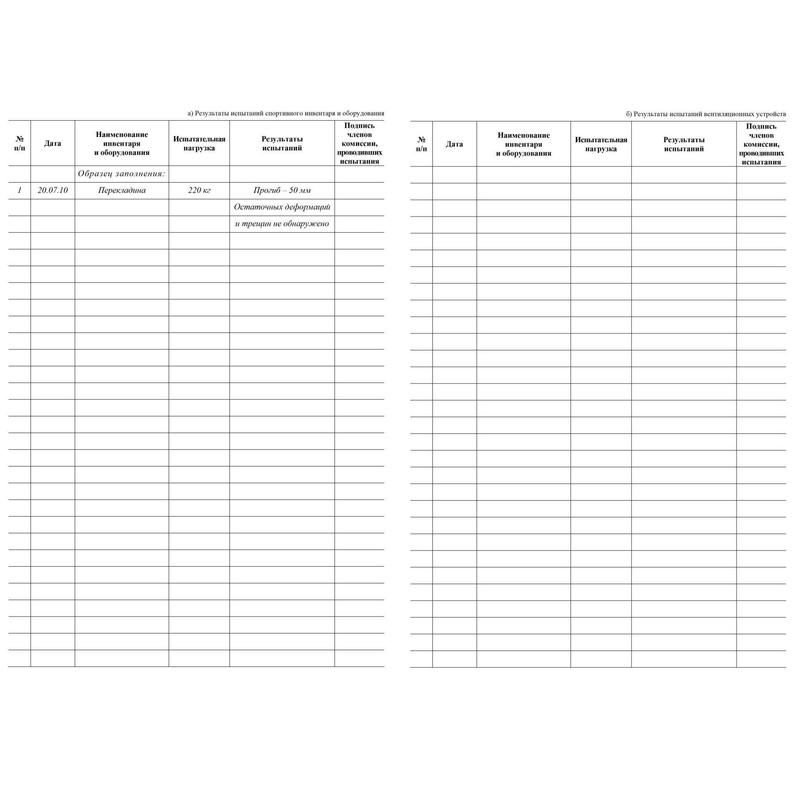 Журнал регистрации результатов испытаний спортивного инвентаря, оборудования и вентиляционных устройств (12 листов, скрепка, обложка офсет, 5 штук в упаковке)