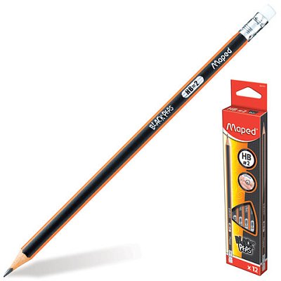 Набор карандашей чернографитных MAPED (Франция), 12 шт., «Black Pep's», HB, трехгранные, с резинкой
