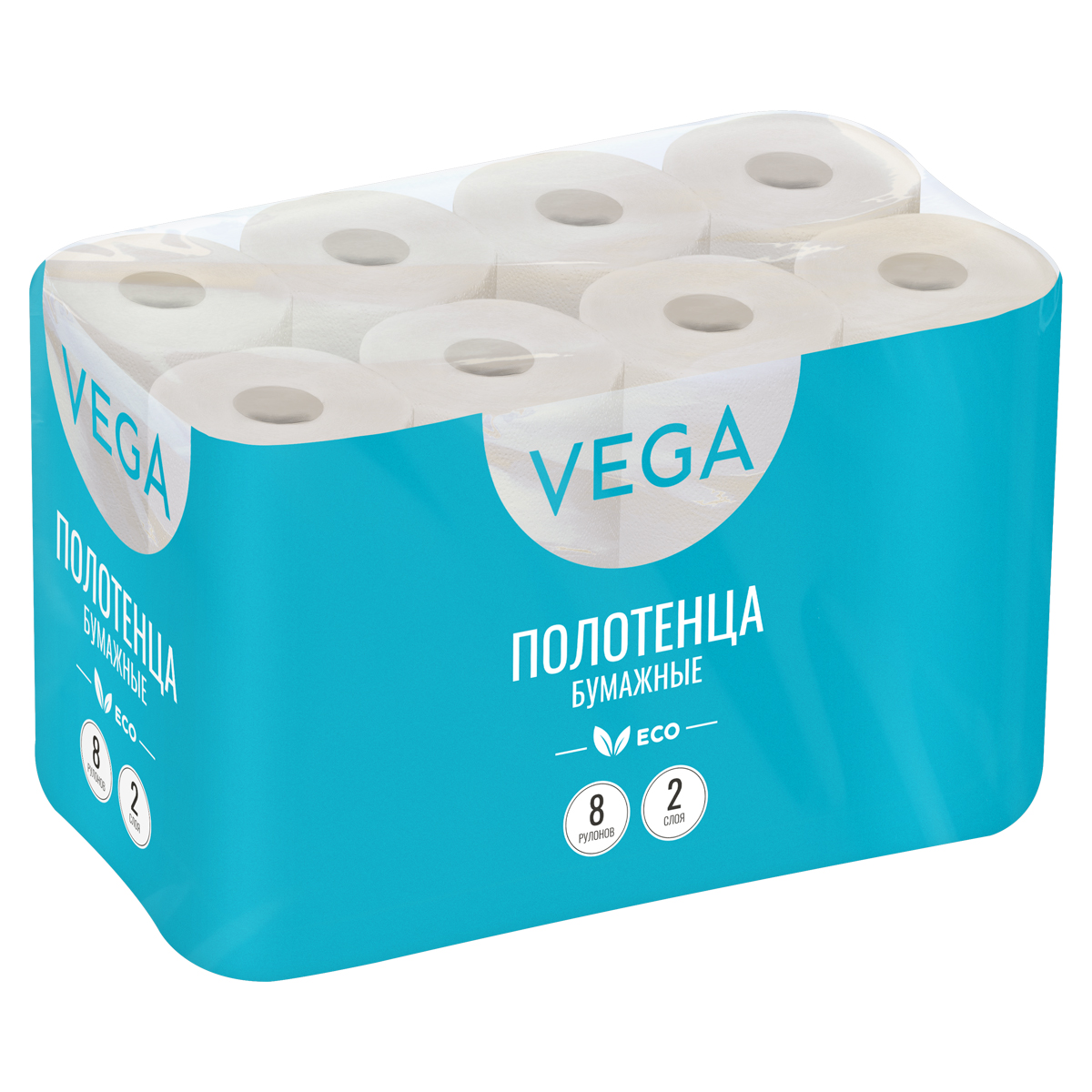 превью Полотенца бумажные в рулонах Vega, 2-слойные, 8шт., 12 м/рул., тиснение, цвета естественного волокна