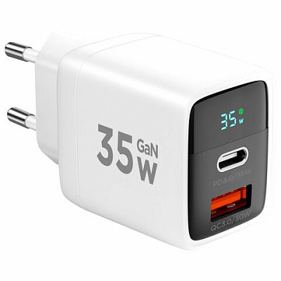 Зарядное устройство сетевое (220В) CABLEXPERT, дисплей, 35 Вт GaN, QC4/PD3, 1хUSB, 1хType-C